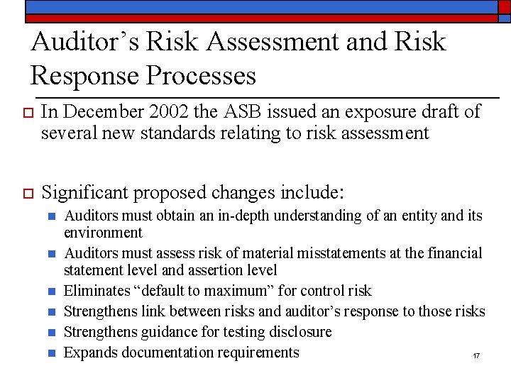 Auditor’s Risk Assessment and Risk Response Processes o o In December 2002 the ASB