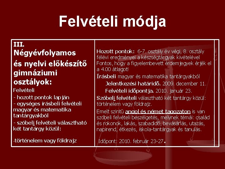 Felvételi módja III. Négyévfolyamos és nyelvi előkészítő gimnáziumi osztályok: Felvételi - hozott pontok lapján Felvételi módja III. Négyévfolyamos és nyelvi előkészítő gimnáziumi osztályok: Felvételi - hozott pontok lapján