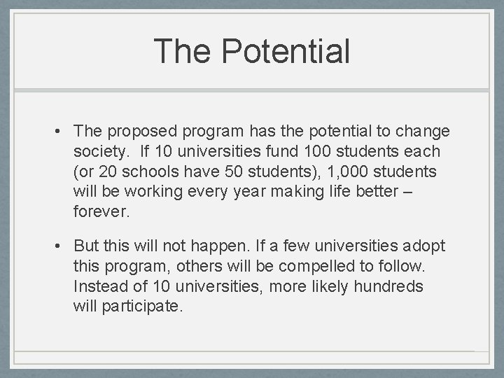 The Potential • The proposed program has the potential to change society. If 10