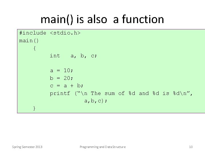 main() is also a function #include <stdio. h> main() { int a, b, c;