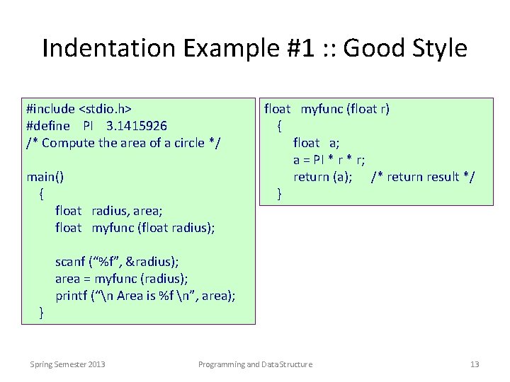 Indentation Example #1 : : Good Style #include <stdio. h> #define PI 3. 1415926