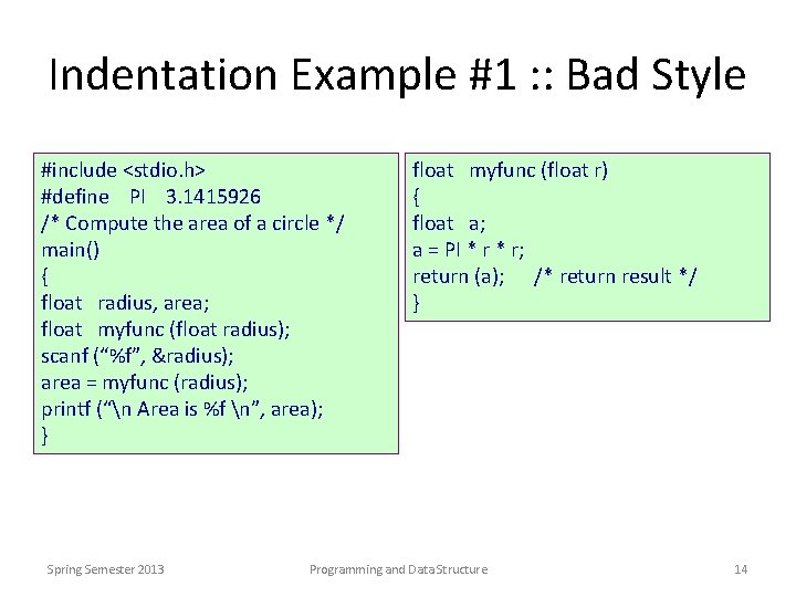 Indentation Example #1 : : Bad Style #include <stdio. h> #define PI 3. 1415926