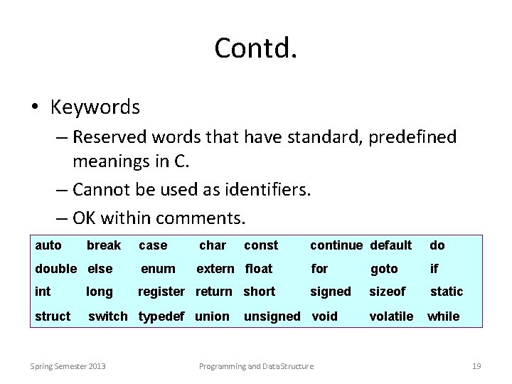 Contd. • Keywords – Reserved words that have standard, predefined meanings in C. –