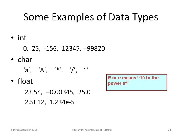 Some Examples of Data Types • int 0, 25, -156, 12345, 99820 • char