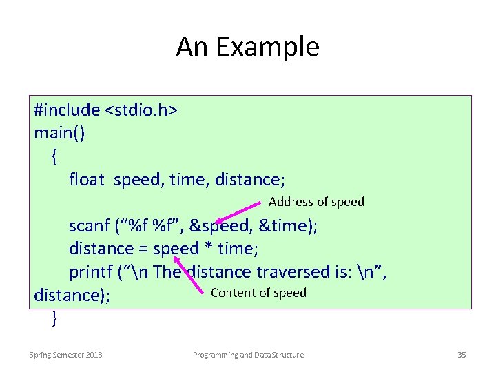 An Example #include <stdio. h> main() { float speed, time, distance; Address of speed