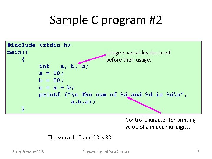 Sample C program #2 #include <stdio. h> main() Integers variables declared { before their