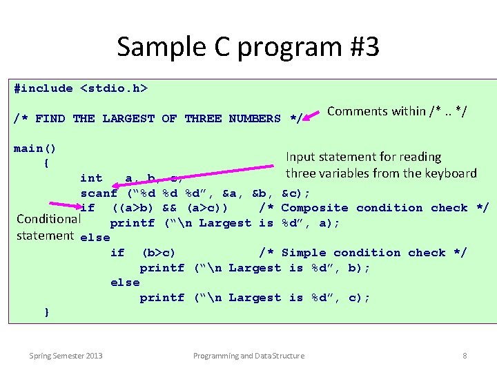 Sample C program #3 #include <stdio. h> /* FIND THE LARGEST OF THREE NUMBERS
