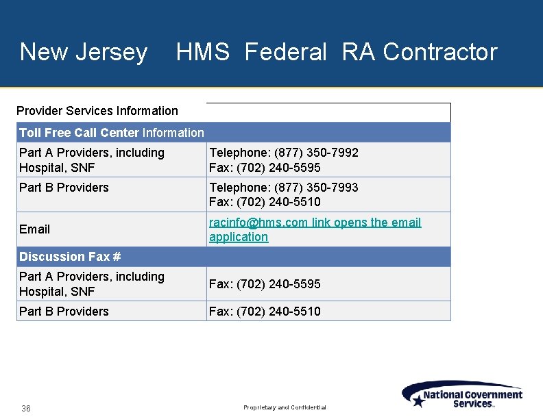 New Jersey HMS Federal RA Contractor Provider Services Information Toll Free Call Center Information