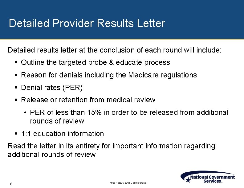 Detailed Provider Results Letter Detailed results letter at the conclusion of each round will