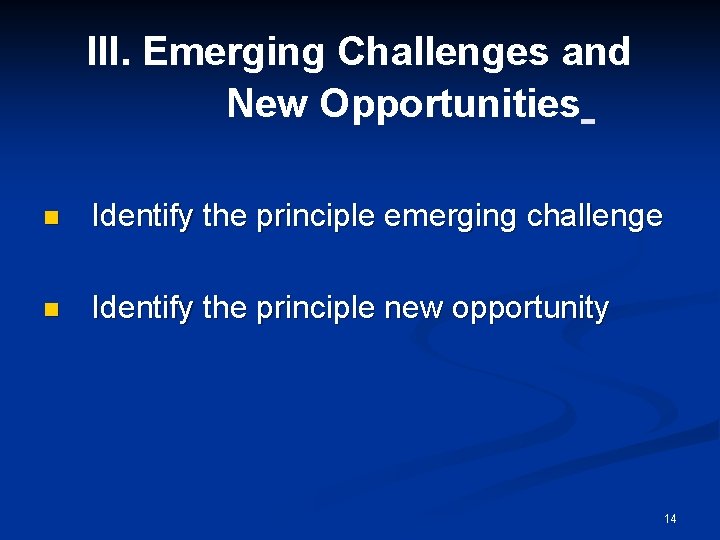 III. Emerging Challenges and New Opportunities n Identify the principle emerging challenge n Identify