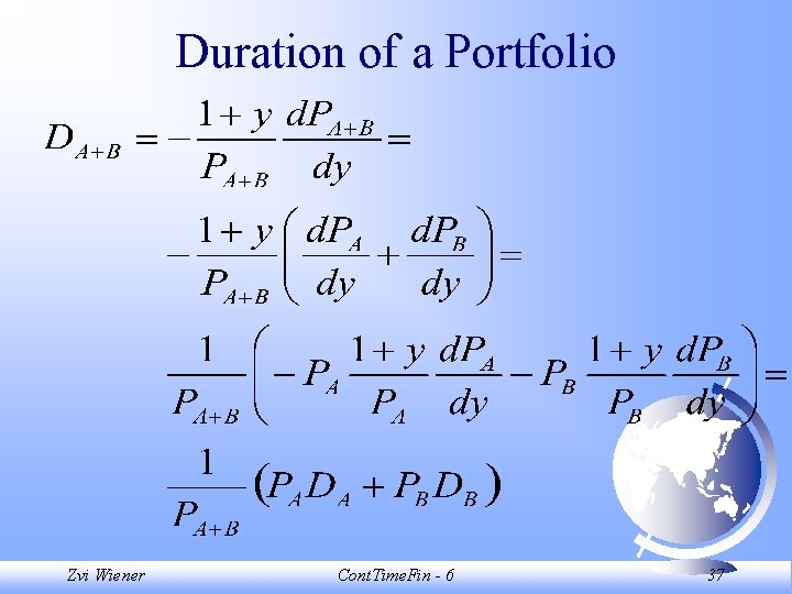 Duration of a Portfolio Zvi Wiener Cont. Time. Fin - 6 37 