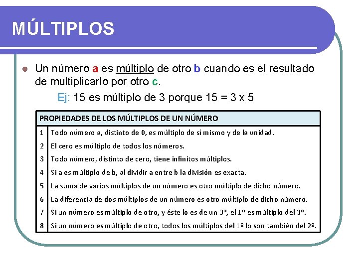 MÚLTIPLOS l Un número a es múltiplo de otro b cuando es el resultado MÚLTIPLOS l Un número a es múltiplo de otro b cuando es el resultado