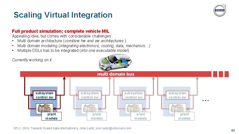 Scaling Virtual Integration Full product simulation; complete vehicle MIL Appealing idea, but comes with