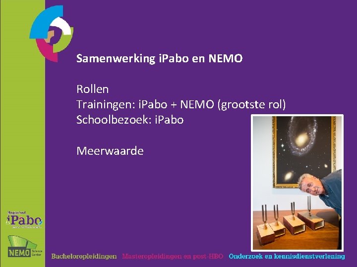 Samenwerking i. Pabo en NEMO Rollen Trainingen: i. Pabo + NEMO (grootste rol) Schoolbezoek: