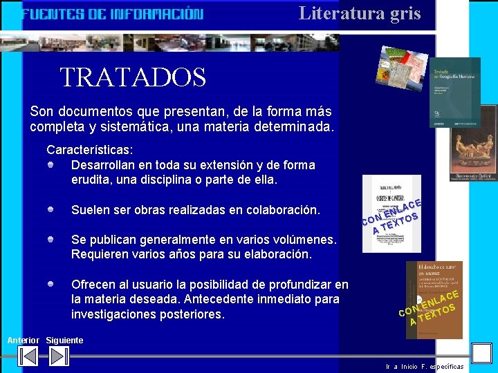 Literatura gris TRATADOS Son documentos que presentan, de la forma más completa y sistemática,