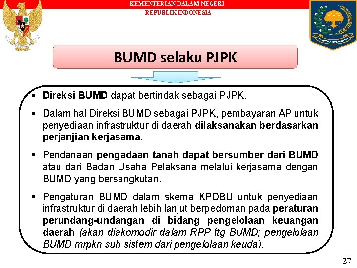 KEMENTERIAN DALAM NEGERI REPUBLIK INDONESIA BUMD selaku PJPK § Direksi BUMD dapat bertindak sebagai
