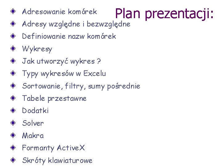 Adresowanie komórek Plan prezentacji: Adresy względne i bezwzględne Definiowanie nazw komórek Wykresy Jak utworzyć