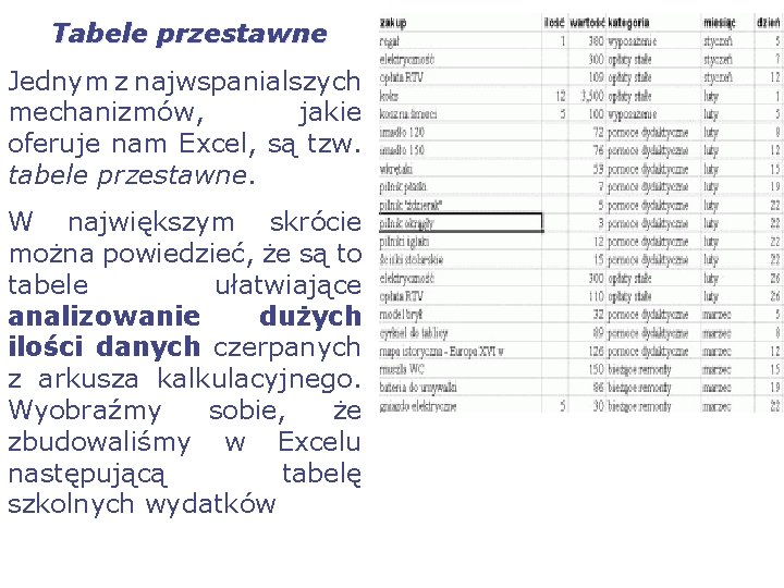 Tabele przestawne Jednym z najwspanialszych mechanizmów, jakie oferuje nam Excel, są tzw. tabele przestawne.