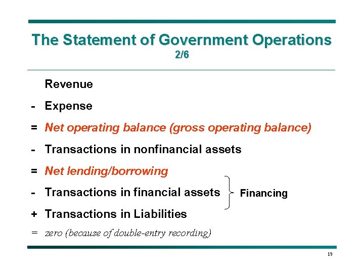 The Statement of Government Operations 2/6 Revenue - Expense = Net operating balance (gross