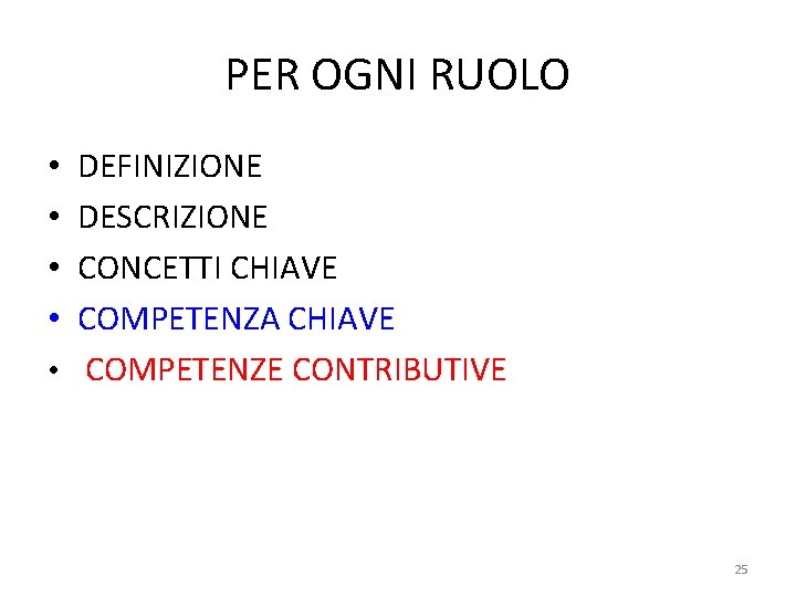 PER OGNI RUOLO DEFINIZIONE DESCRIZIONE CONCETTI CHIAVE COMPETENZA CHIAVE • COMPETENZE CONTRIBUTIVE • •