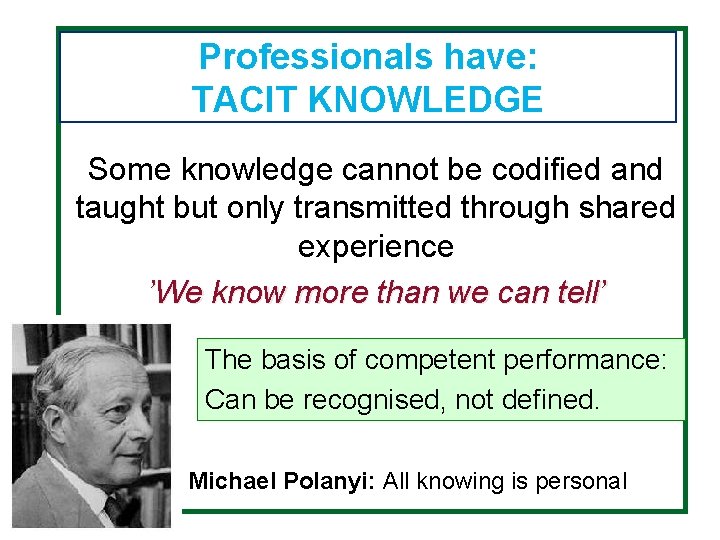 Professionals have: TACIT KNOWLEDGE Some knowledge cannot be codified and taught but only transmitted