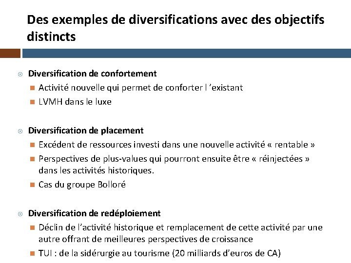 Des exemples de diversifications avec des objectifs distincts Diversification de confortement Activité nouvelle qui