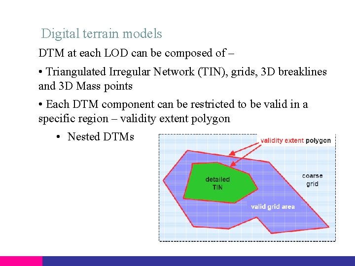 Digital terrain models DTM at each LOD can be composed of – • Triangulated