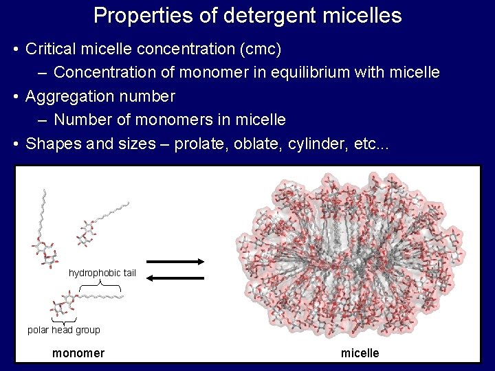 Properties of detergent micelles • Critical micelle concentration (cmc) – Concentration of monomer in Properties of detergent micelles • Critical micelle concentration (cmc) – Concentration of monomer in