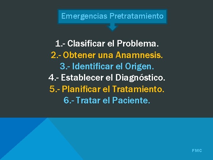 Emergencias Pretratamiento 1. - Clasificar el Problema. 2. - Obtener una Anamnesis. 3. -