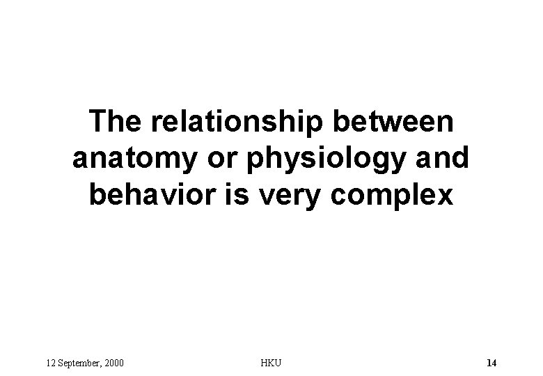 The relationship between anatomy or physiology and behavior is very complex 12 September, 2000