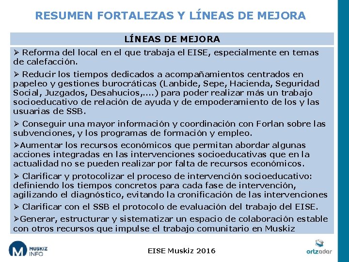 RESUMEN FORTALEZAS Y LÍNEAS DE MEJORA Ø Reforma del local en el que trabaja