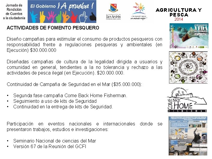 AGRICULTURA Y PESCA 2014 ACTIVIDADES DE FOMENTO PESQUERO Diseño campañas para estimular el consumo