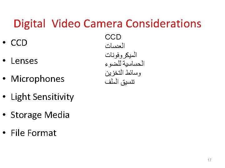 Digital Video Camera Considerations • CCD • Lenses • Microphones CCD ﺍﻟﻌﺪﺳﺎﺕ ﺍﻟﻤﻴﻜﺮﻭﻓﻮﻧﺎﺕ ﻟﻠﻀﻮﺀ