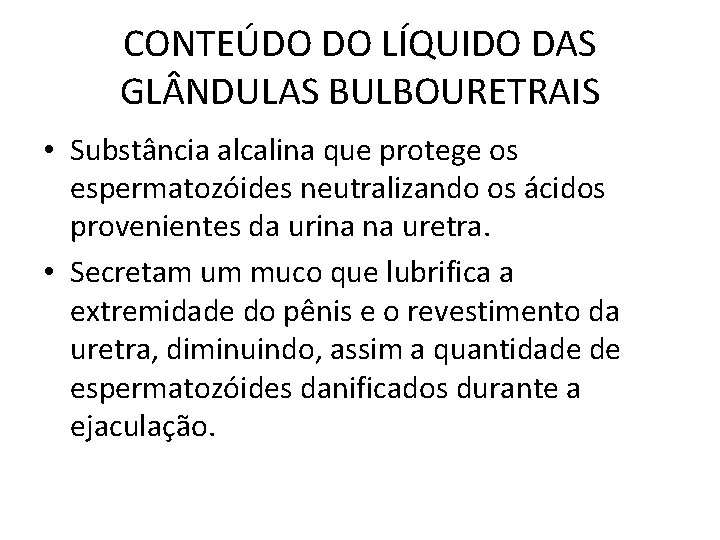 CONTEÚDO DO LÍQUIDO DAS GL NDULAS BULBOURETRAIS • Substância alcalina que protege os espermatozóides