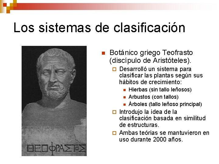 Los sistemas de clasificación n Botánico griego Teofrasto (discípulo de Aristóteles). ¨ Desarrolló un Los sistemas de clasificación n Botánico griego Teofrasto (discípulo de Aristóteles). ¨ Desarrolló un