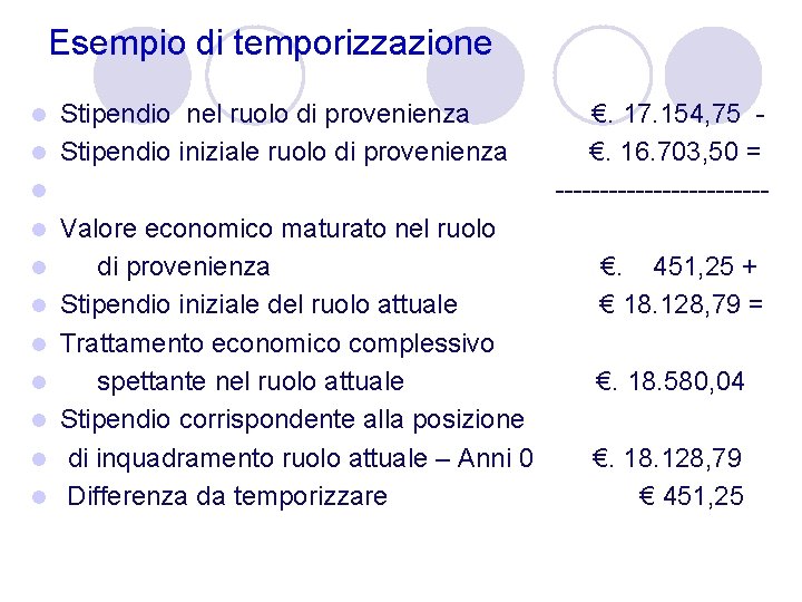 Esempio di temporizzazione Stipendio nel ruolo di provenienza l Stipendio iniziale ruolo di provenienza