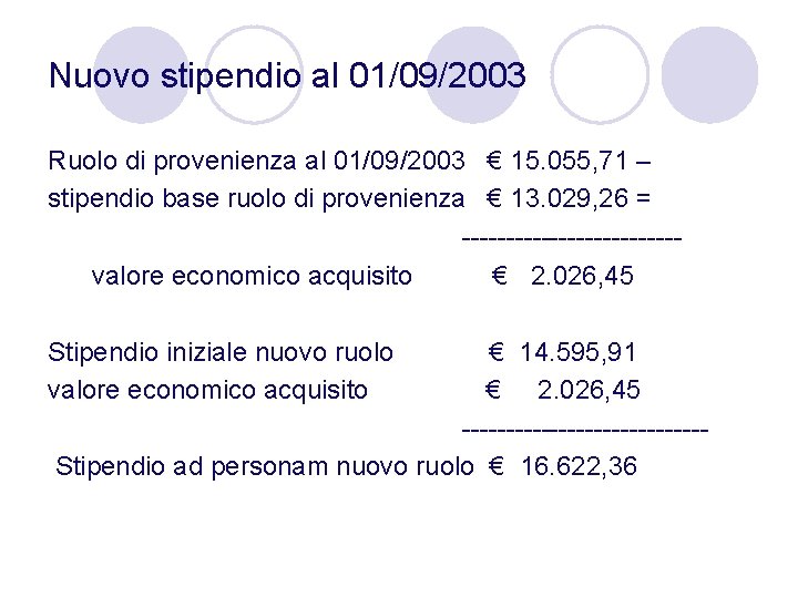 Nuovo stipendio al 01/09/2003 Ruolo di provenienza al 01/09/2003 € 15. 055, 71 –