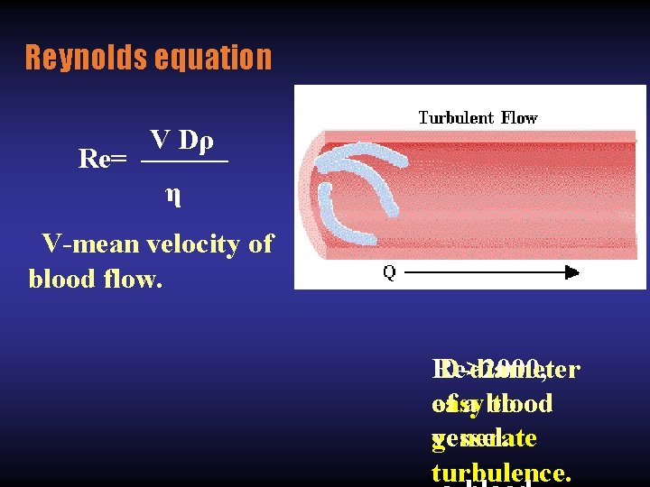 Reynolds equation V Dρ Re= ——— η V-mean velocity of blood flow. D-diameter Re>2000,