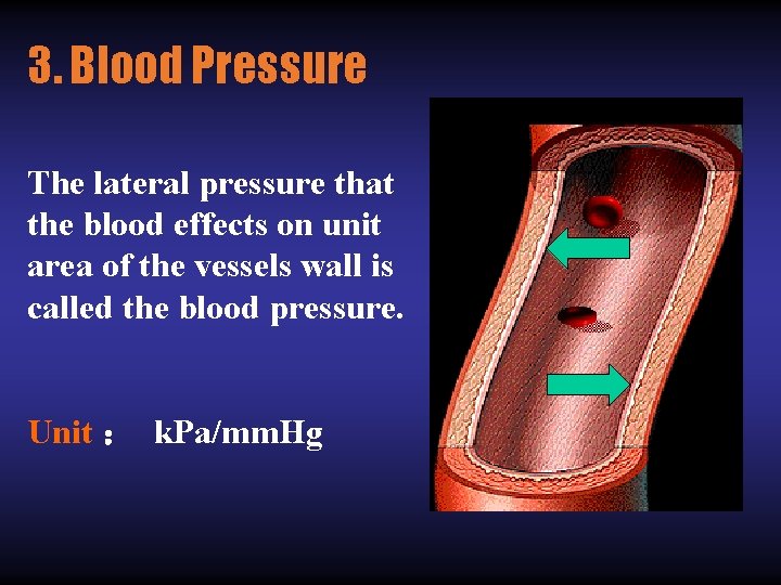 3. Blood Pressure The lateral pressure that the blood effects on unit area of