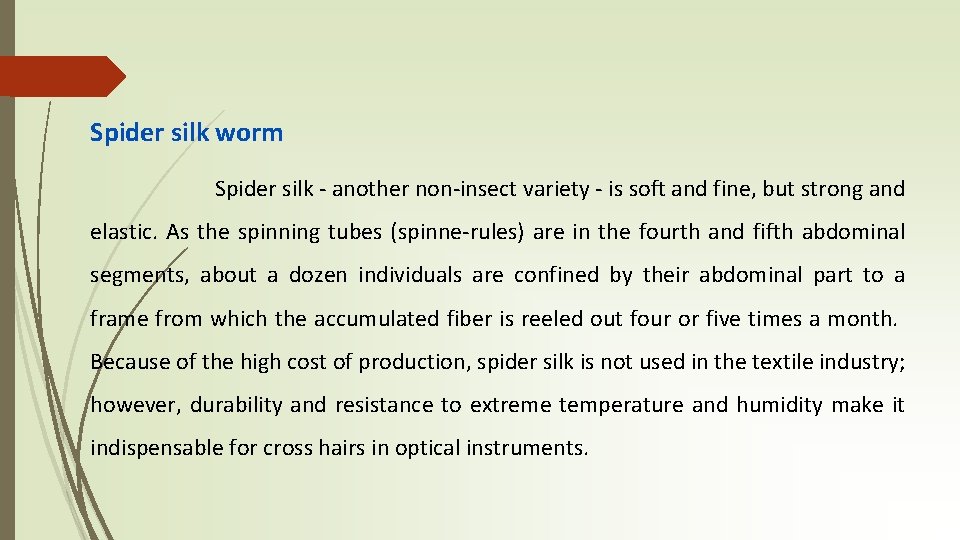 Spider silk worm Spider silk - another non-insect variety - is soft and fine,