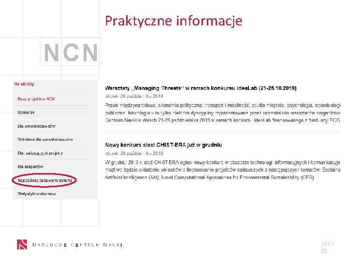 Praktyczne informacje NCN 10 7 / X 107 / 20 