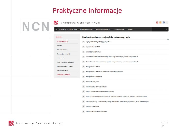 Praktyczne informacje NCN 10 9 / X 109 / 20 