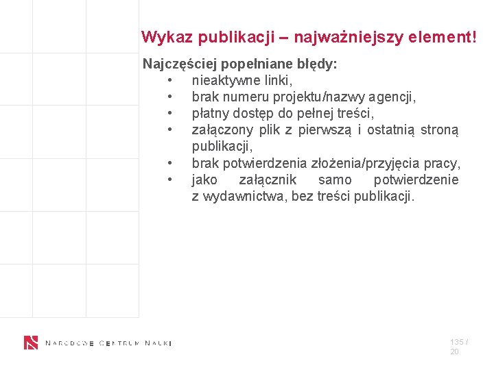 Wykaz publikacji – najważniejszy element! Najczęściej popełniane błędy: • nieaktywne linki, • brak numeru