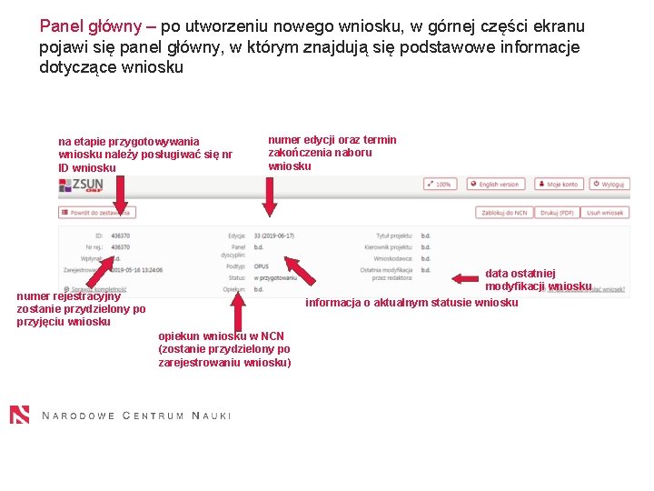 Panel główny – po utworzeniu nowego wniosku, w górnej części ekranu pojawi się panel