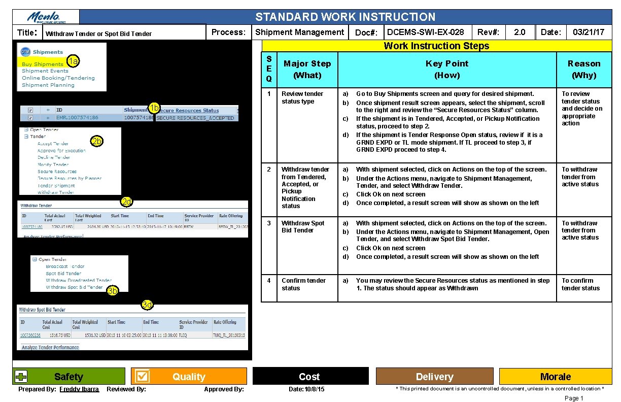 STANDARD WORK INSTRUCTION Title: Process: Withdraw Tender or Spot Bid Tender Shipment Management Doc#: