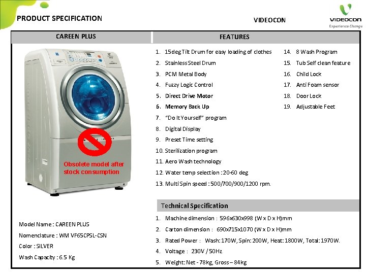 PRODUCT SPECIFICATION VIDEOCON CAREEN PLUS FEATURES 1. 15 deg Tilt Drum for easy loading