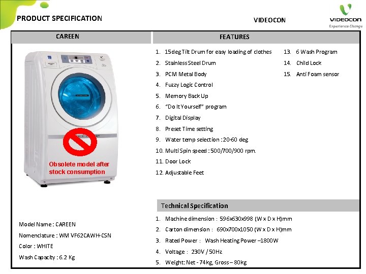 PRODUCT SPECIFICATION VIDEOCON CAREEN FEATURES 1. 15 deg Tilt Drum for easy loading of