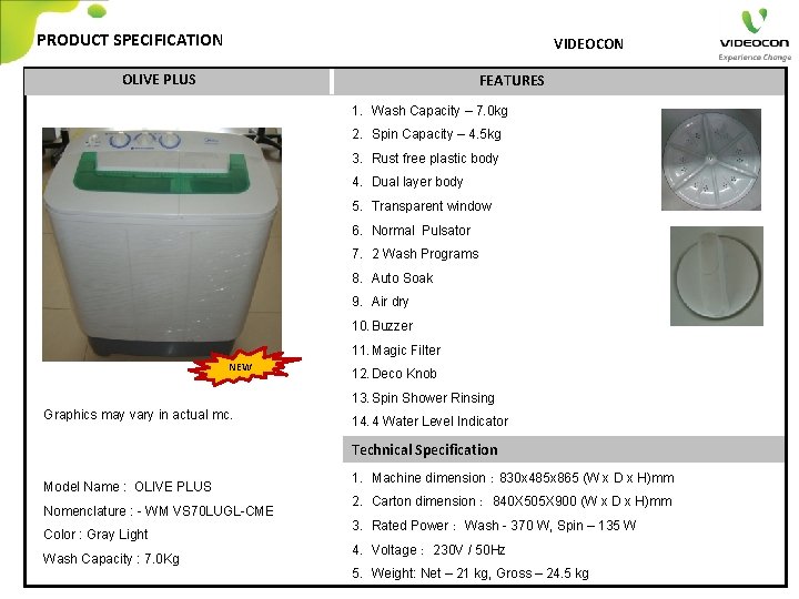 PRODUCT SPECIFICATION VIDEOCON OLIVE PLUS FEATURES 1. Wash Capacity – 7. 0 kg 2.