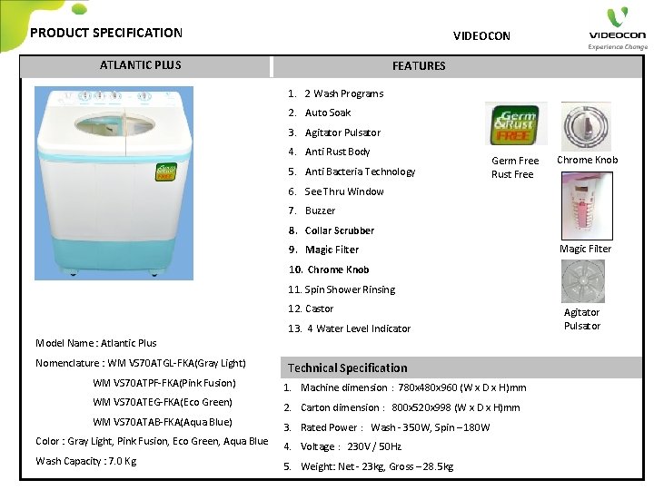 PRODUCT SPECIFICATION VIDEOCON ATLANTIC PLUS FEATURES 1. 2 Wash Programs 2. Auto Soak 3.