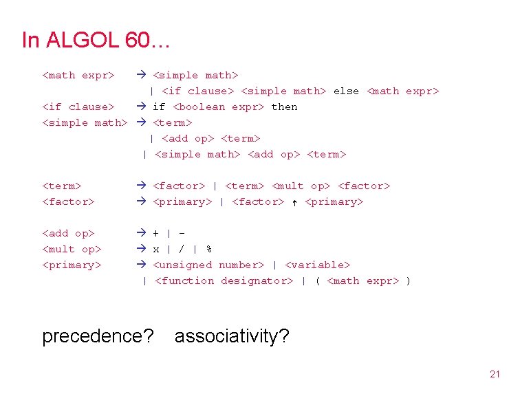 In ALGOL 60… <simple math> | <if clause> <simple math> else <math expr> <if